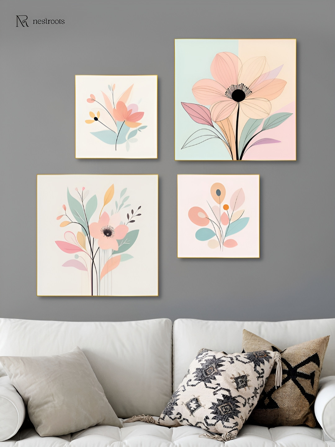 nestroots White & Blue 4 Pieces Sophisticated Floral Canvas Paintings Wall Art