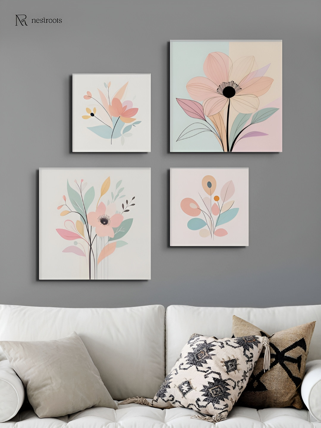 nestroots White & Blue 4 Pieces Sophisticated Floral Canvas Painting Wall Art