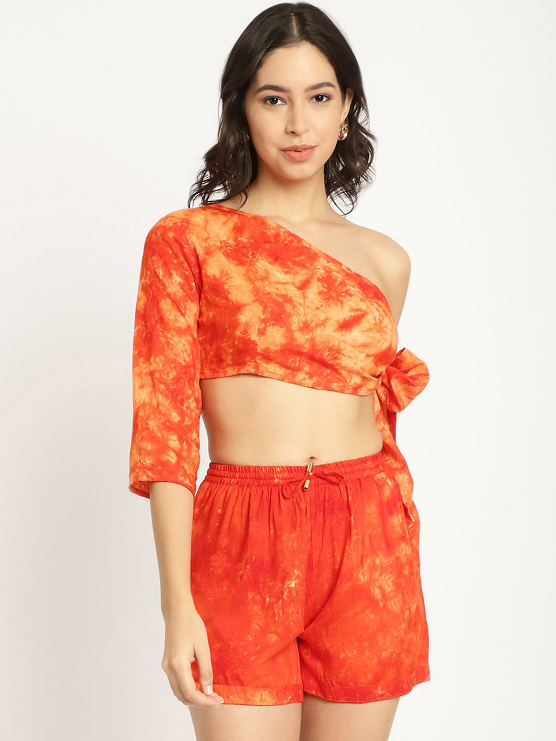 Aoba Orange Tie and Dye One Shoulder Relaxed-Fit Top With Short