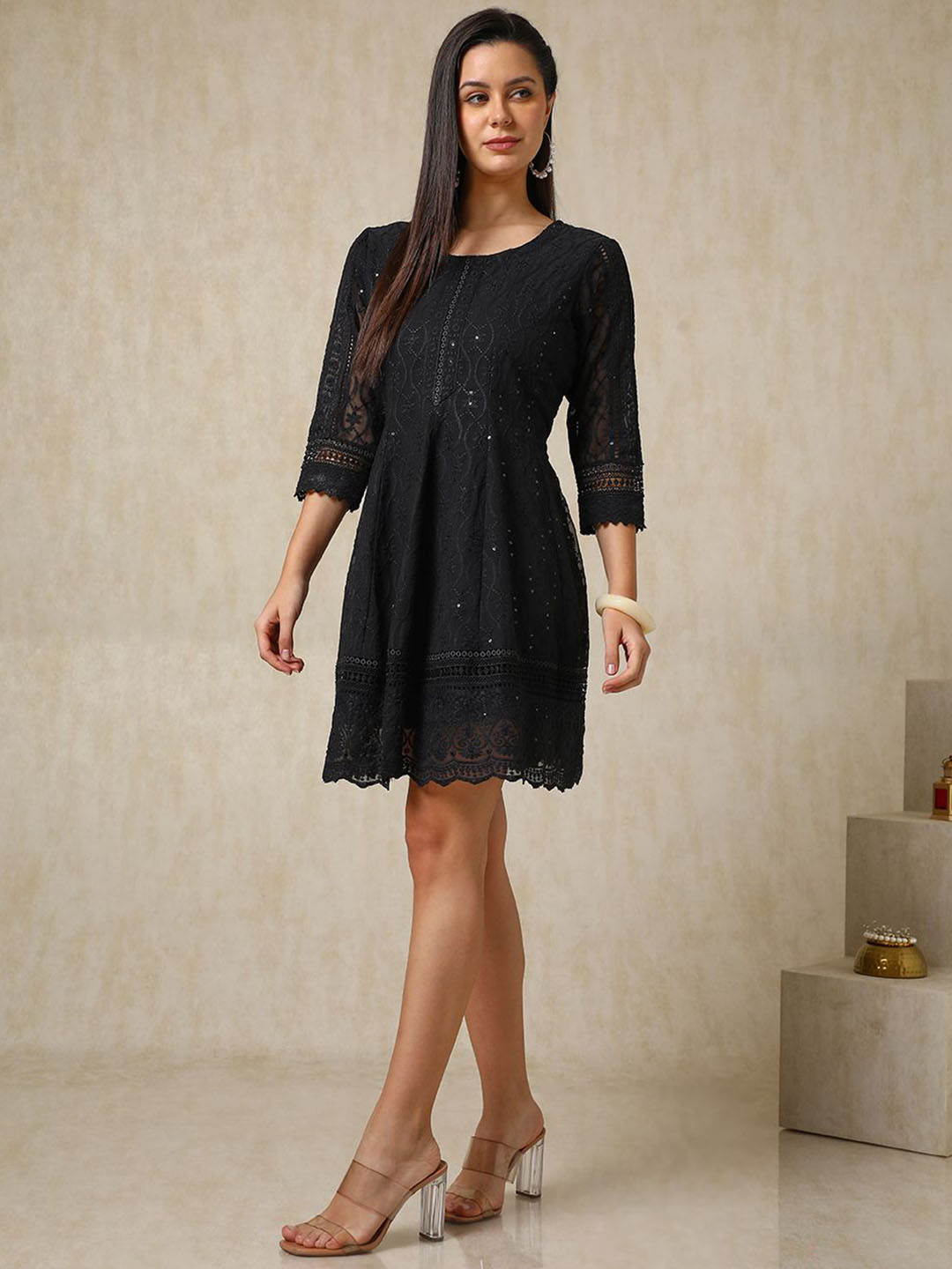 Soch Embroidered Black Round Neck A-Line Knee-Length Ethnic Dress