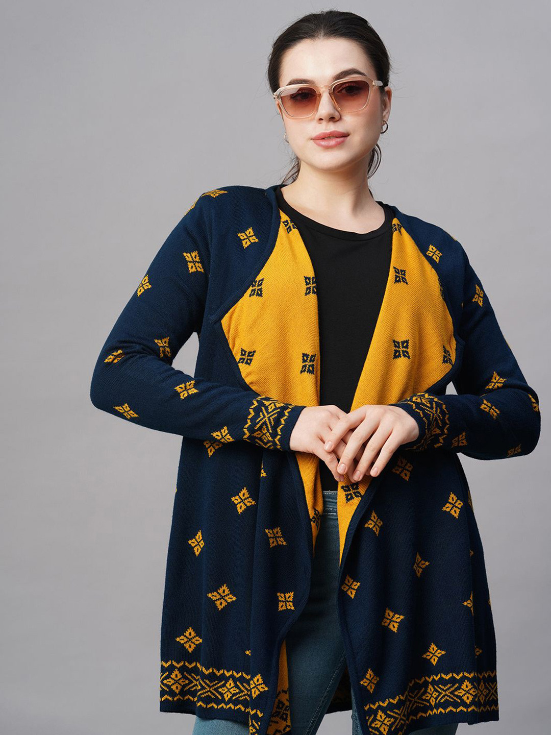 Globus Women Blue Lapel Collar Ethnic Motifs Acrylic Hip Length Winter Wear Sweater Shrug