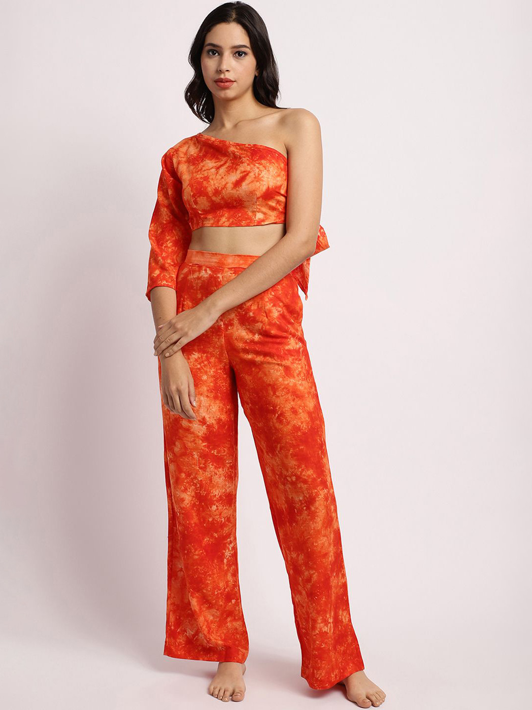 Aoba Orange Tie and Dye One Shoulder Relaxed-Fit Top With Trouser
