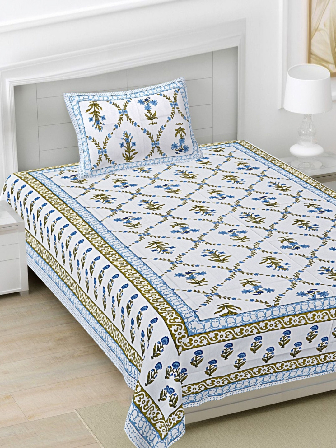 FrionKandy Living Turquoise Blue Floral Cotton Breathable 180 TC Single Fine Bedsheet with a Pillow Cover-90 x 60 inches