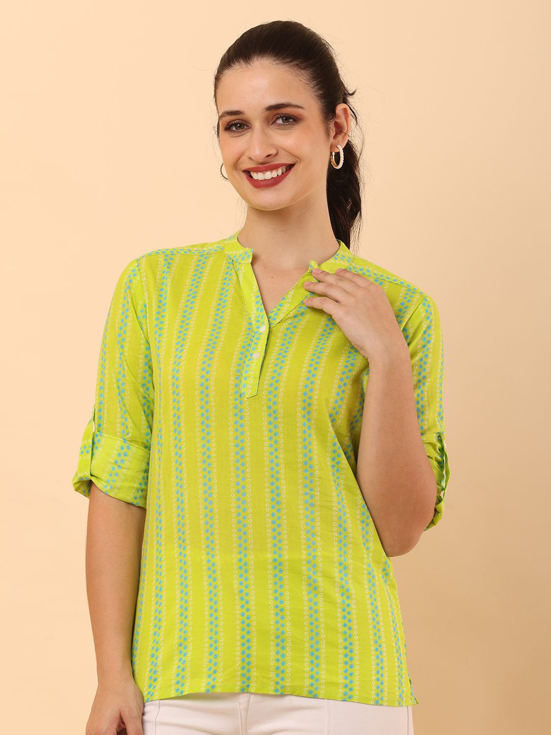 HELLO DESIGN Women Abstract Printed Ethnic Cotton Shirt Style Top