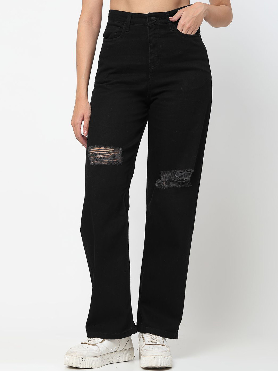 COSMIC TRIO Women Cotton Wide Leg High-Rise Ripped Casual Jeans