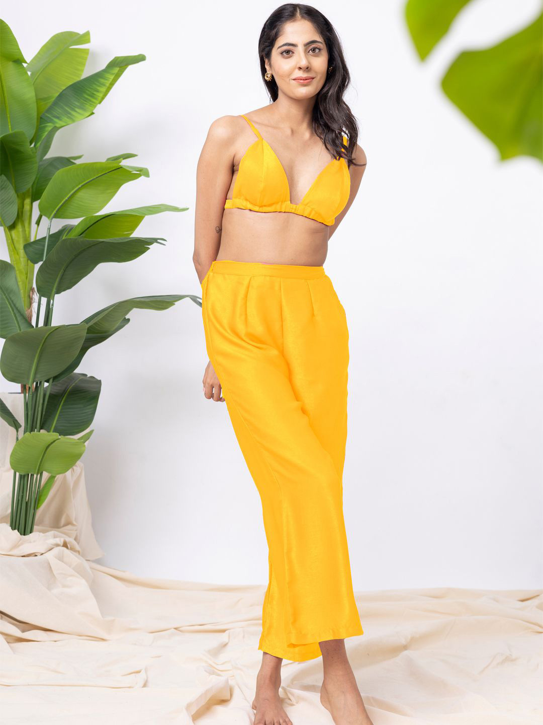 Aoba Mustard Yellow Shoulder Straps Sleeveless Crop Top With Trousers