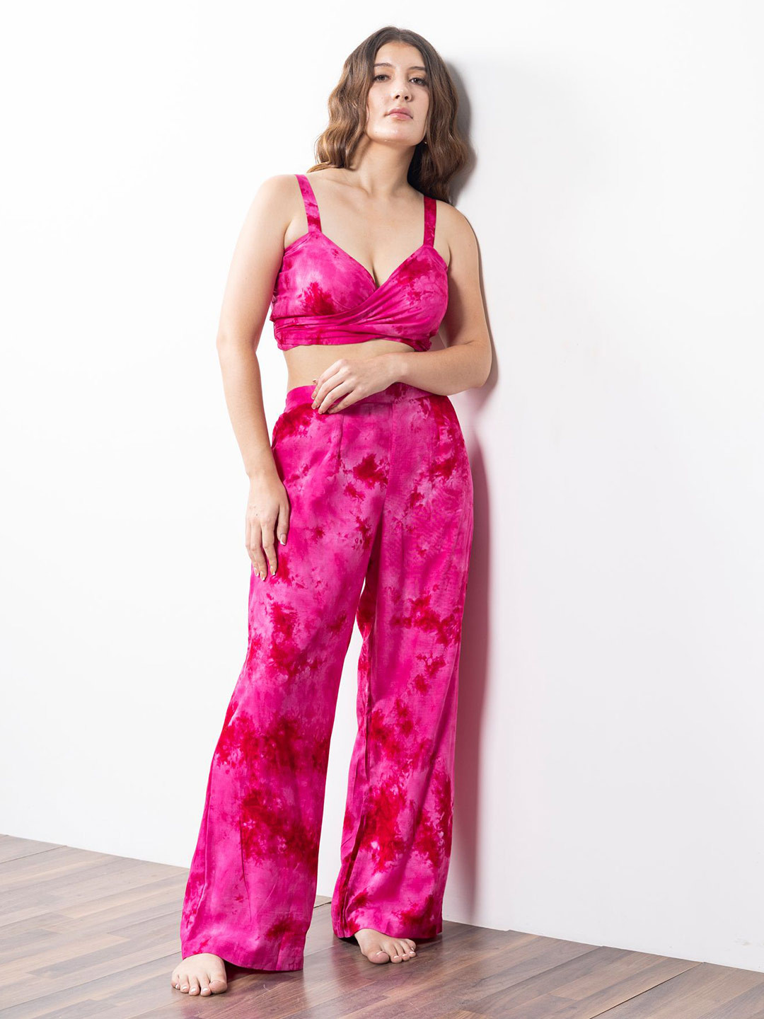 Aoba Pink Tie and Dye Shoulder Straps Top With Trouser