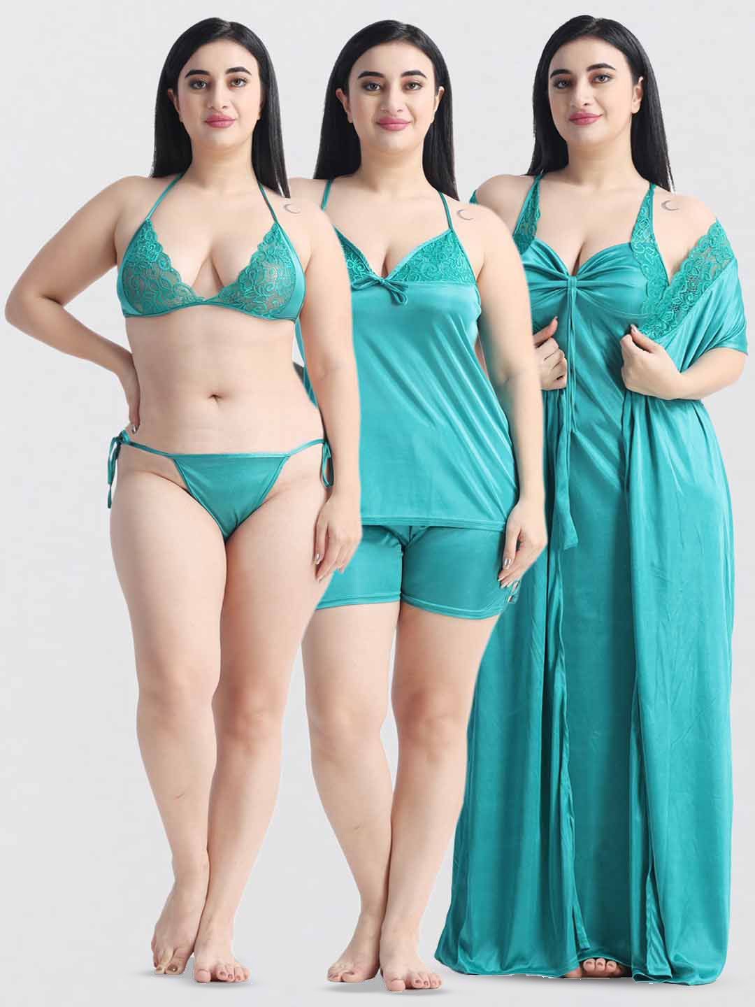 NIGHT KEYS Women Short Sleeves Set Of 6 Piece Nightdress