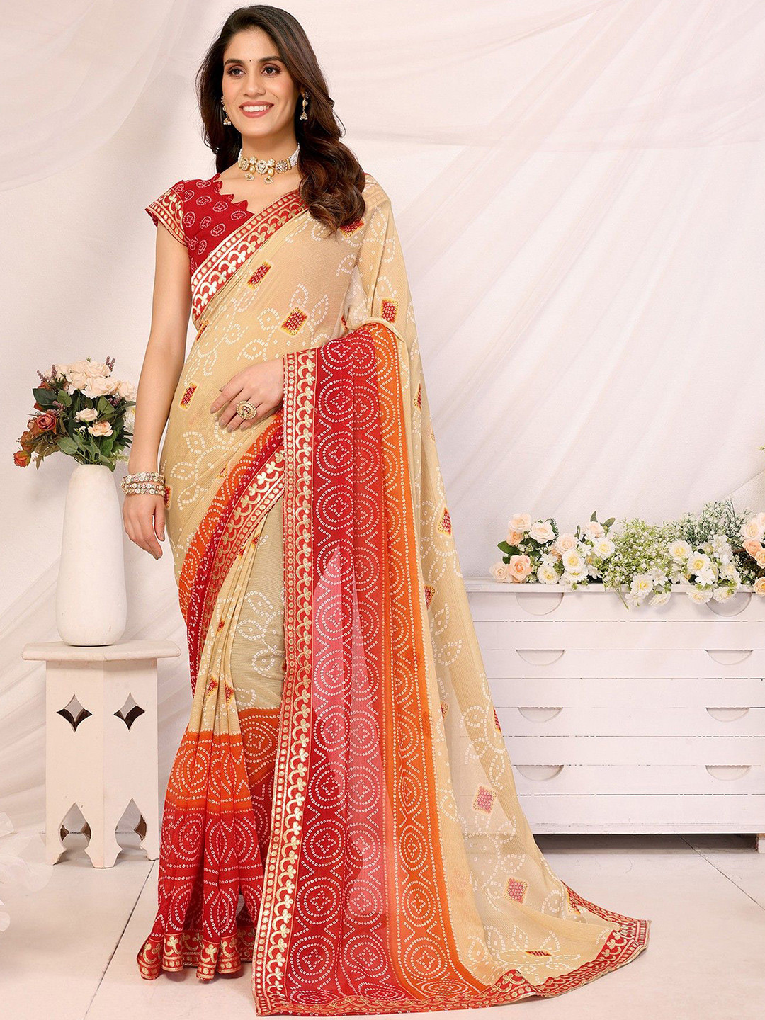 KALINI Bandhani Traditional Embroidered Poly Georgette Saree