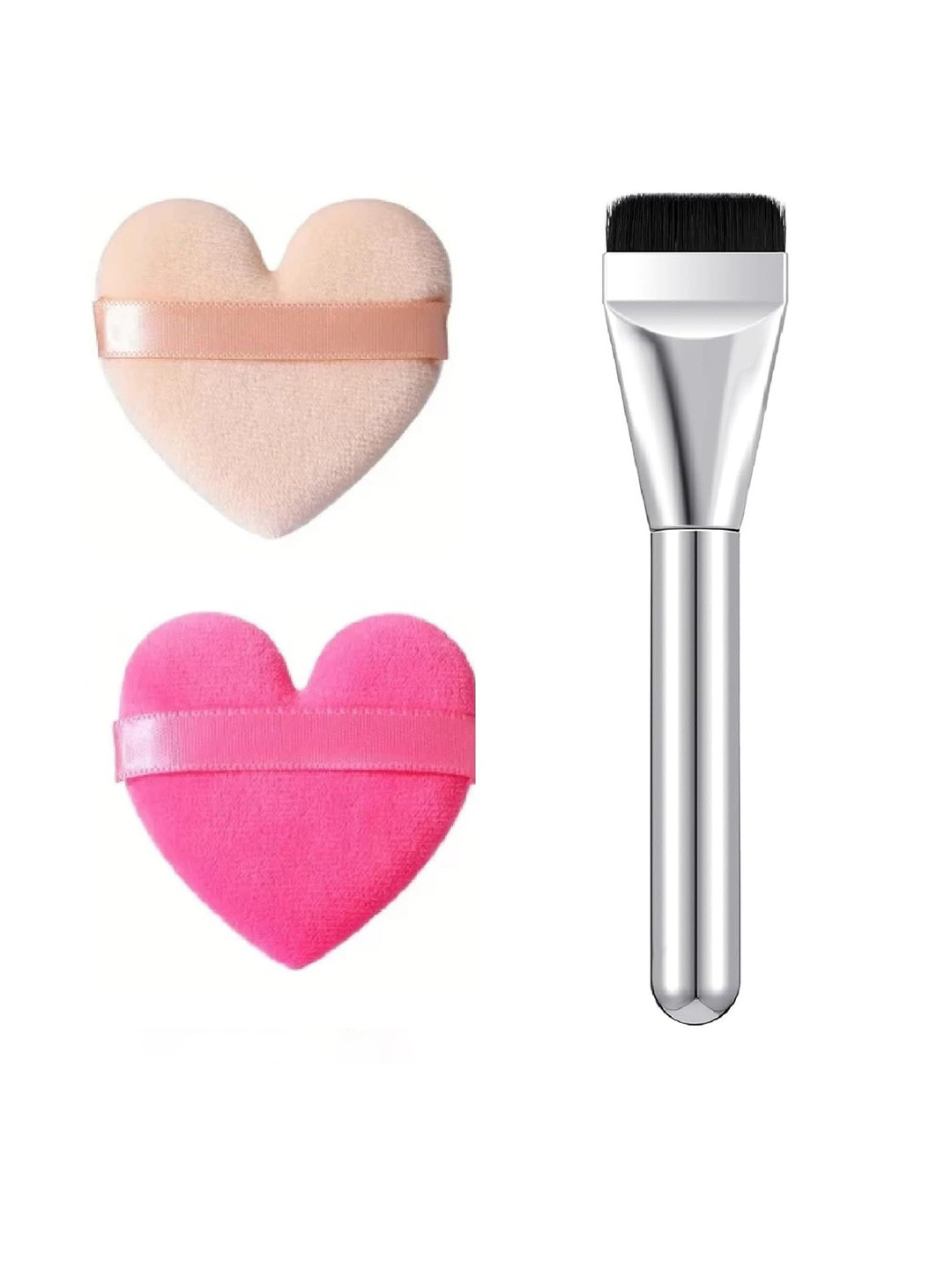 Facejewel Set Of 3 Silvery Foundation Makeup Brush With Heart Shaped Finger Puff