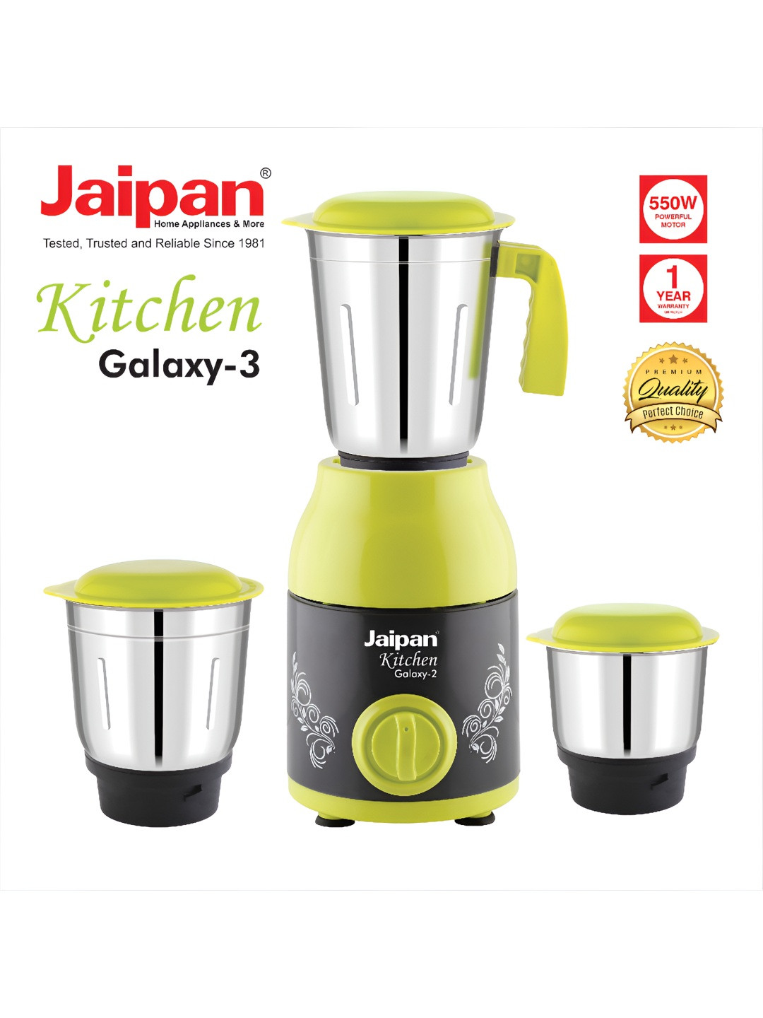 Jaipan Kitchen Galaxy-3 Green Stainless Steel Powerful Motor with Overload Protection 3 Jars Wet and Dry Grinder-550W