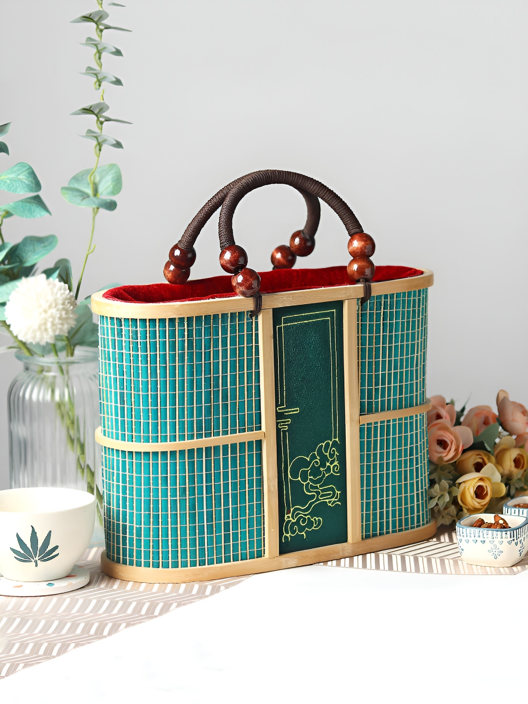 HABERE INDIA Green Reusable Multi-Utility Bamboo Organiser With Top Handle