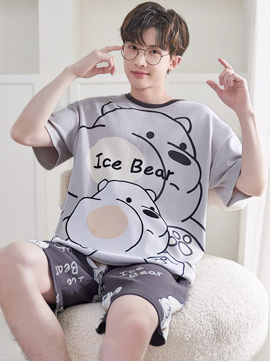 StyleCast Grey & Black Printed T-Shirt & Shorts Night Suits