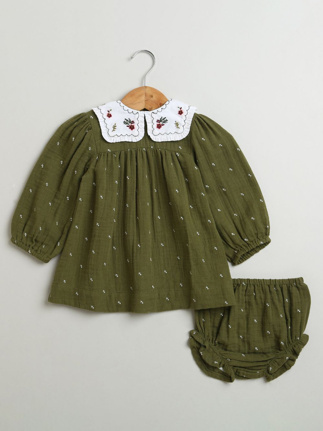 Sweetlime By AS Girls Peter Pan Collar Puff Sleeves Cotton Fit & Flare Dress