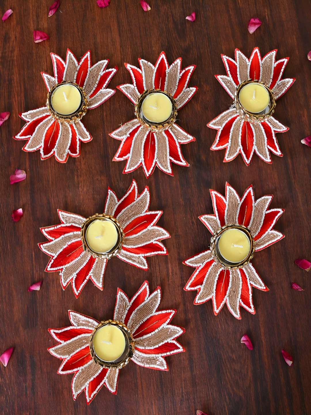 Aapno Rajasthan Red 6 Pieces Lotus Shaped Candle Holders