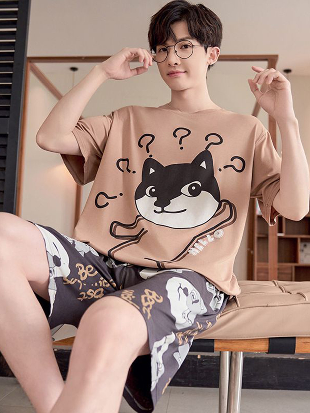 StyleCast Brown Printed Round Neck Short Sleeves Casual T-Shirt With Shorts