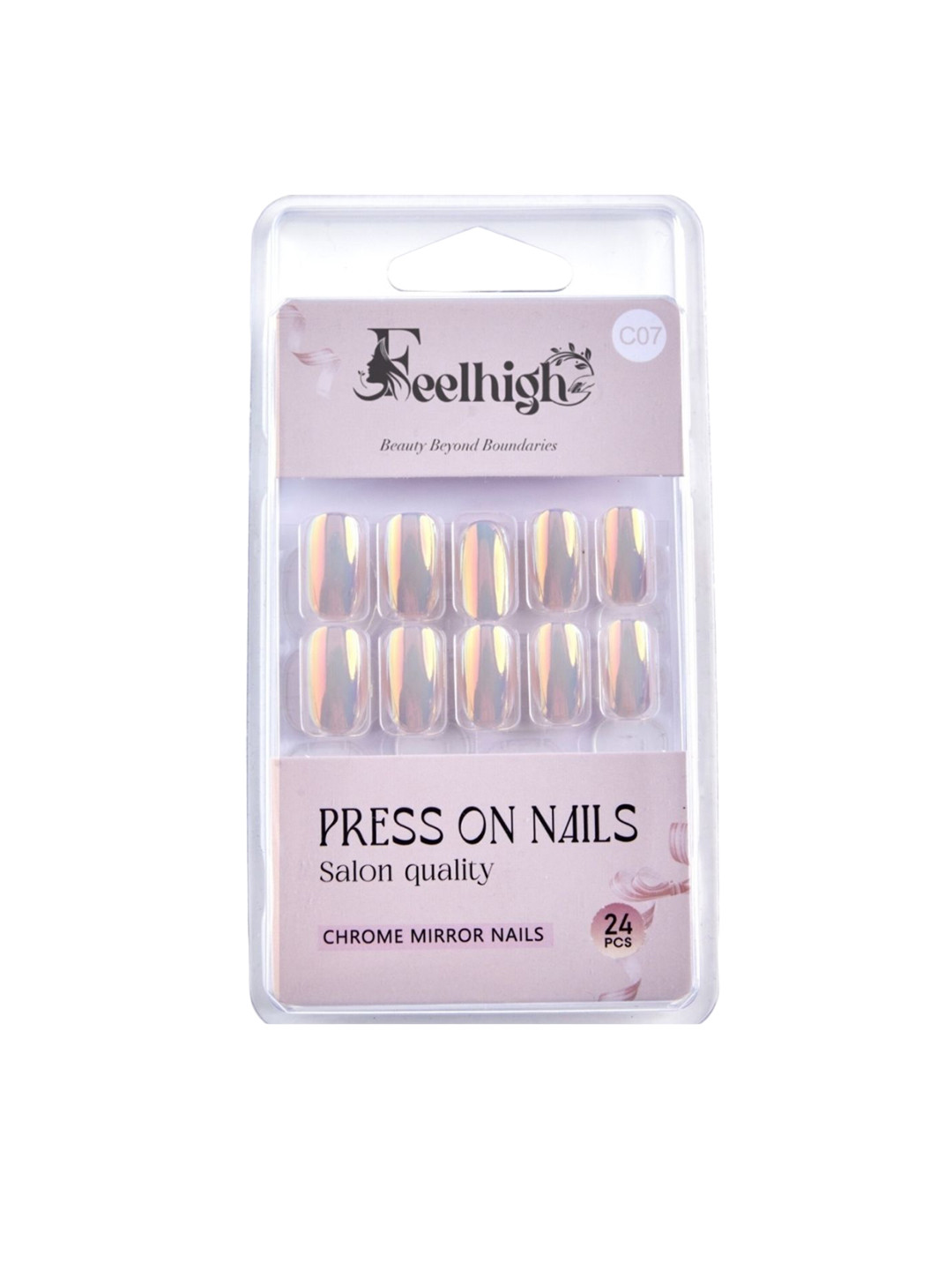 FEELHIGH Set Of 24 Re useble Press-On Chrome Nails - C07