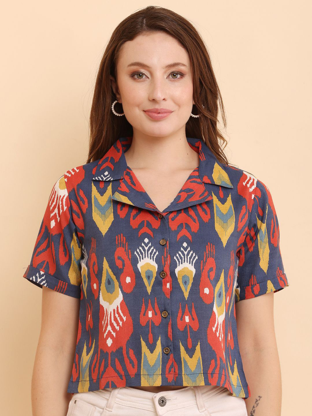 HELLO DESIGN Women Cotton Shirt Style Crop Top