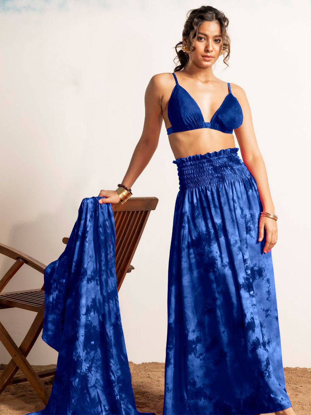 Aoba Blue Tie and Dyed Shoulder Straps Top With Skirt