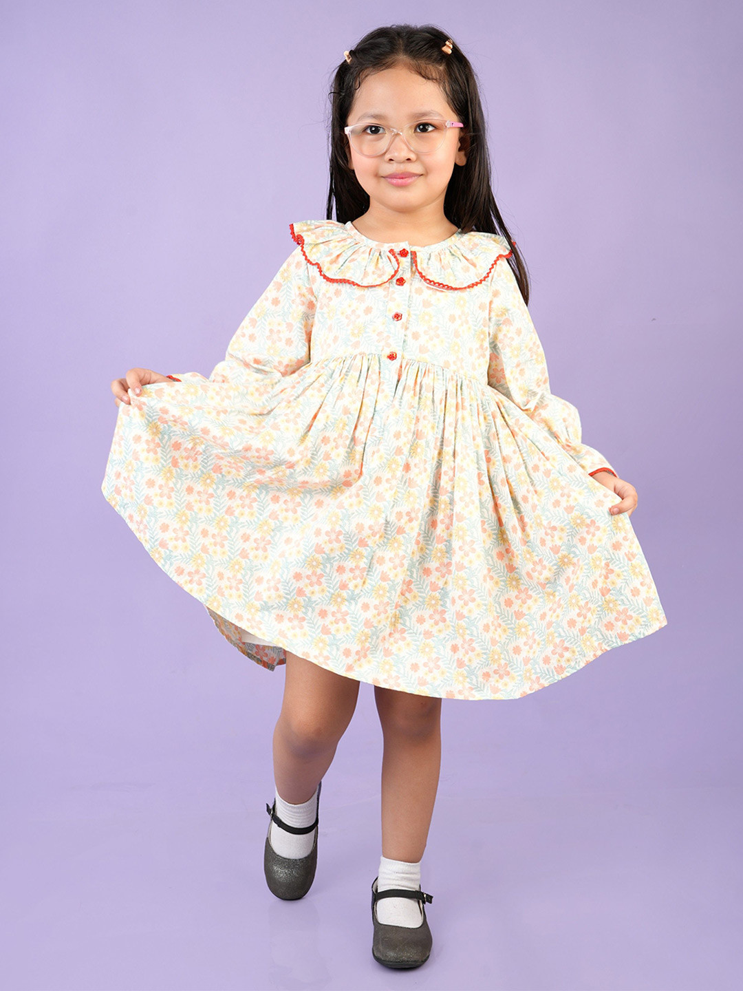 Nature Nook Kids Girls Floral Printed Peter Pan Collar Puff Sleeve Fit & Flare Dress