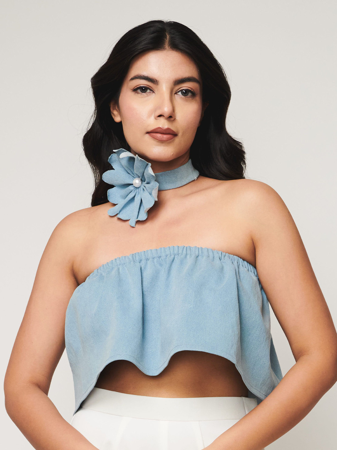 WEAVING CULT Off Shoulder Denim Top With Choker