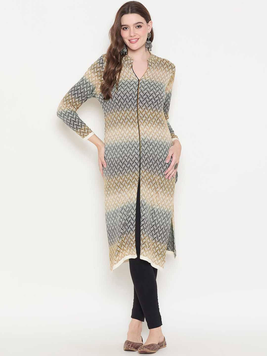 Zigo Winter Wear Geometric Woven Design Mandarin Collar High Slit Pure Woollen A-Line Kurta
