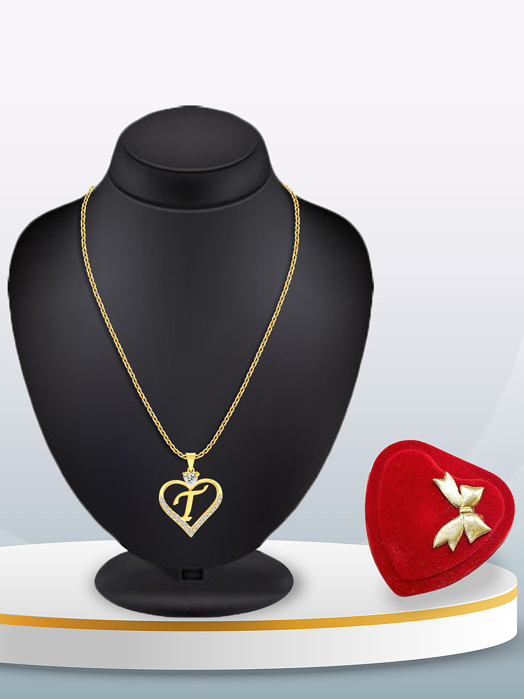 Heer Collection Gold-Plated CZ Studded Alphabet T Heart Shaped Pendant With Chain
