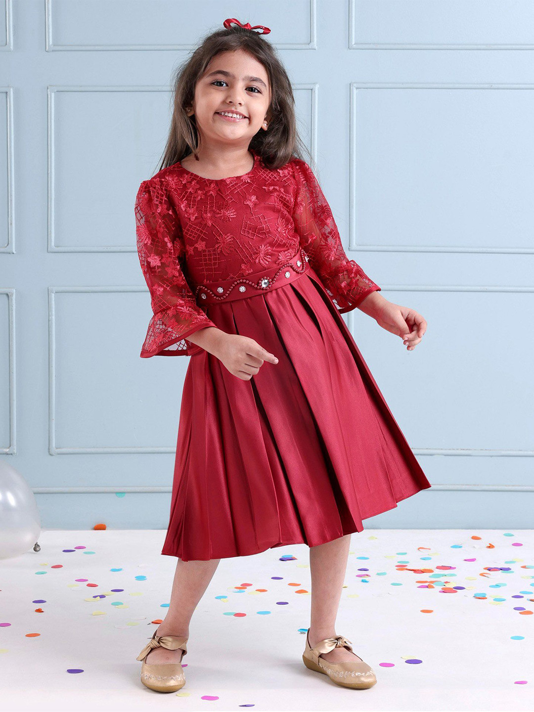 Mark & Mia  Girls Embroidered Accordion Pleats A-Line Dress Comes with a belt