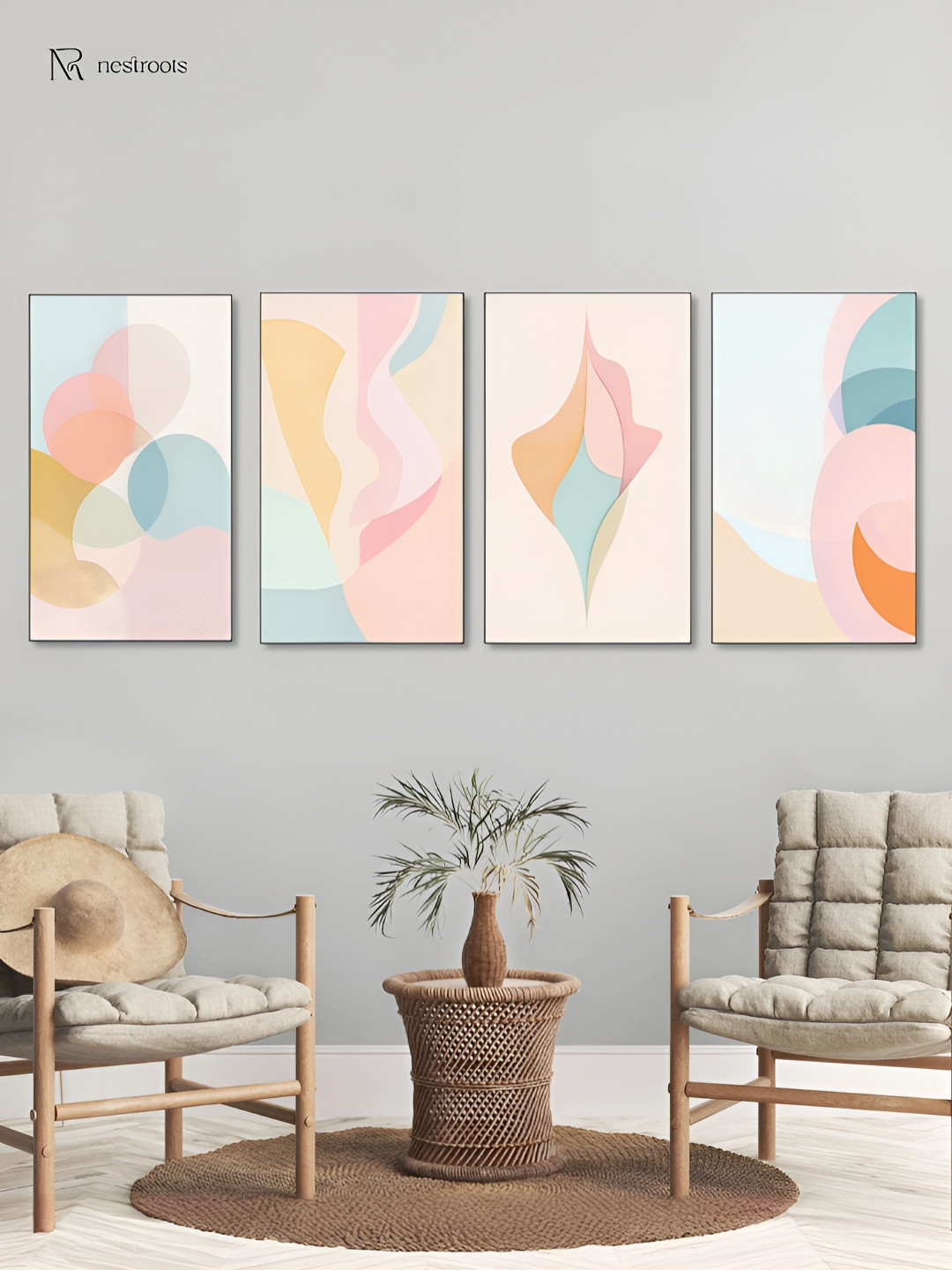 nestroots Elegant Abstract Pastel Pink & Blue 4 Pieces Canvas Wall Paintings