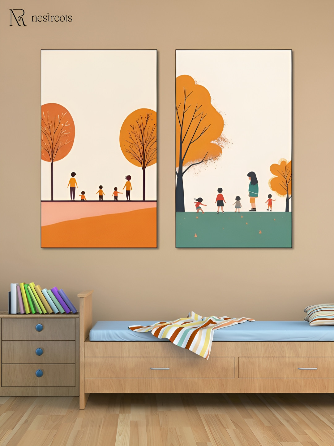 nestroots Cream-Coloured 2 Pieces Children's Joyful Outdoor Canvas Painting Wall Arts