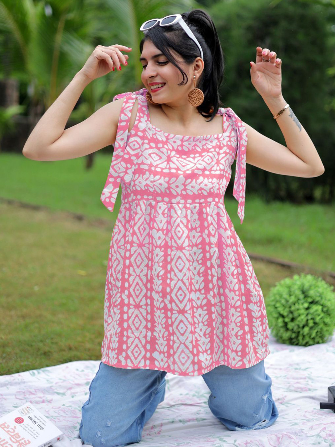 Kalini Women Batik Print A-Line Shoulder Tie up Short Top