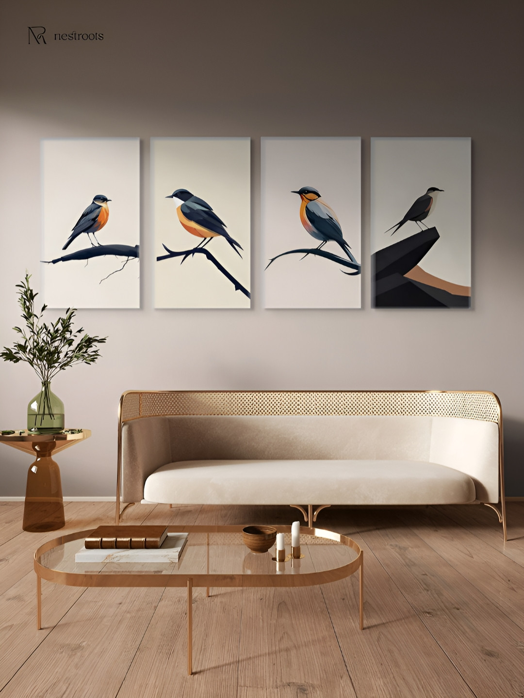 nestroots Serene Bird Canvas 3 Piece Wall Rectangle Paintings Wall Art -121 x 24 In