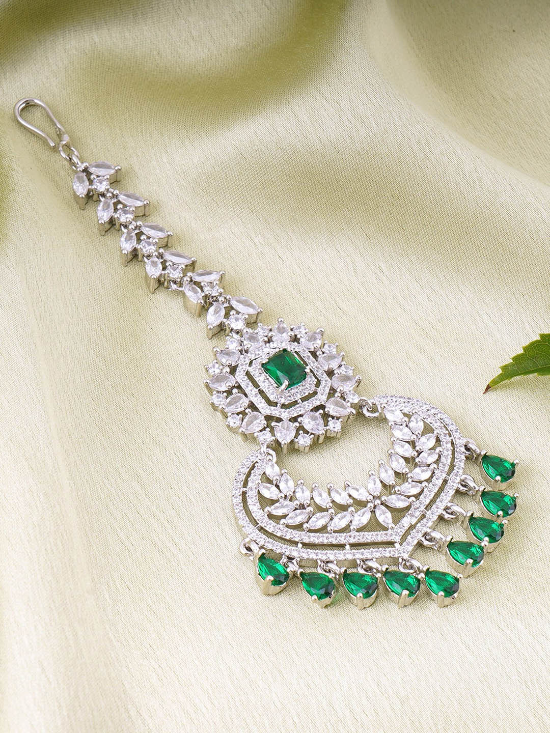 Adwitiya Collection Rhodium-Plated American Diamond Studded Maang Tikka