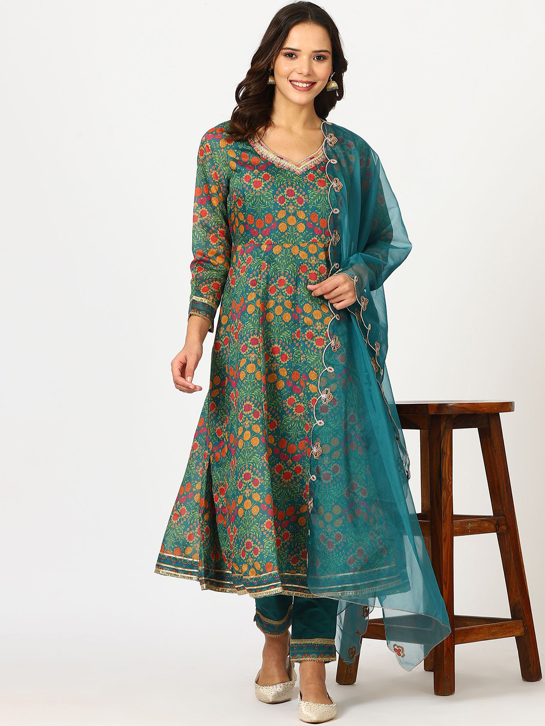 W Teal Blue Floral Printed Three-Quarter Sleeves Sequinned Kurta & Trouser & Dupatta