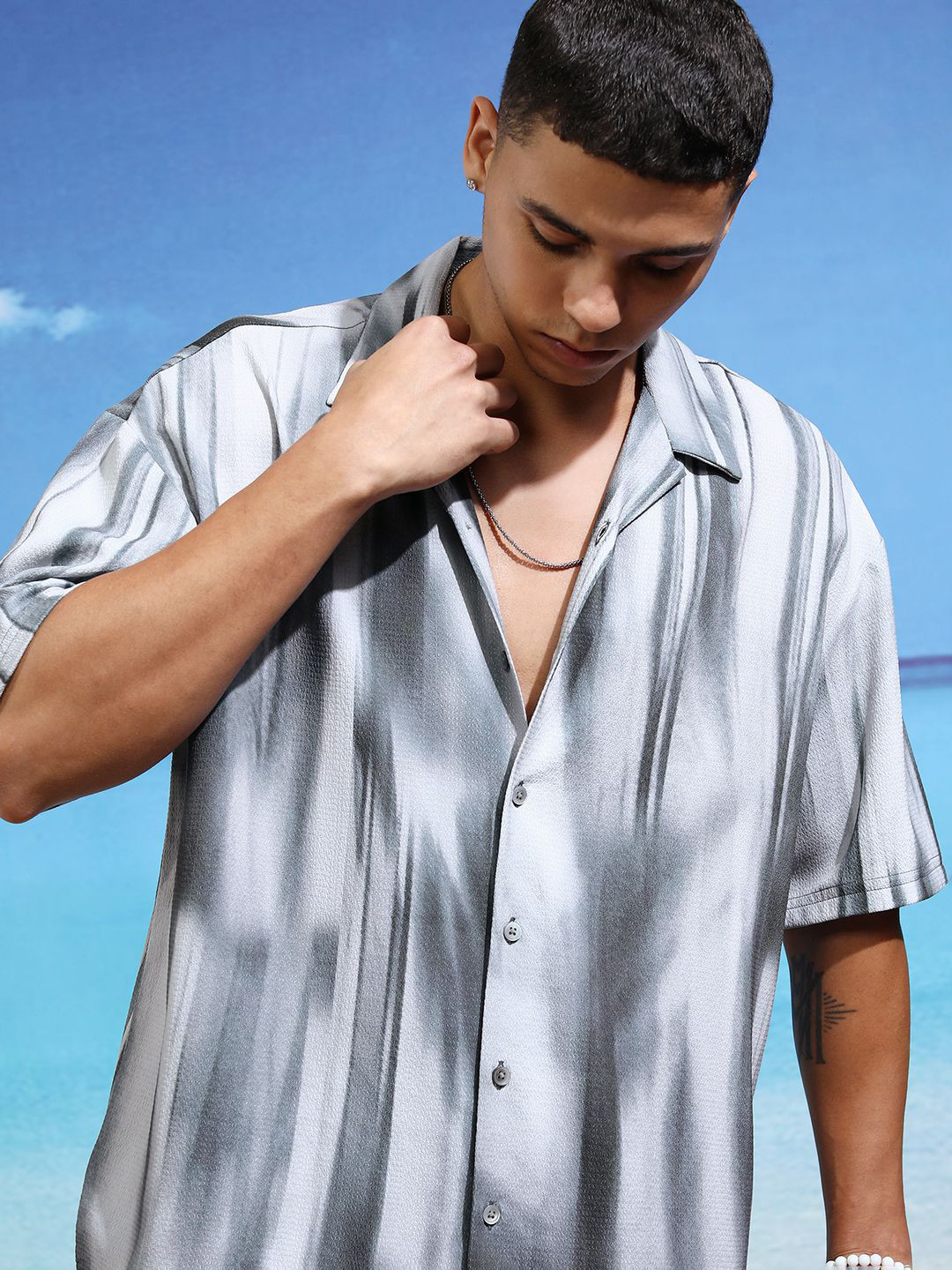 Highlander Men Mel Depths Popcorn Textured Printed Oversized Shirt