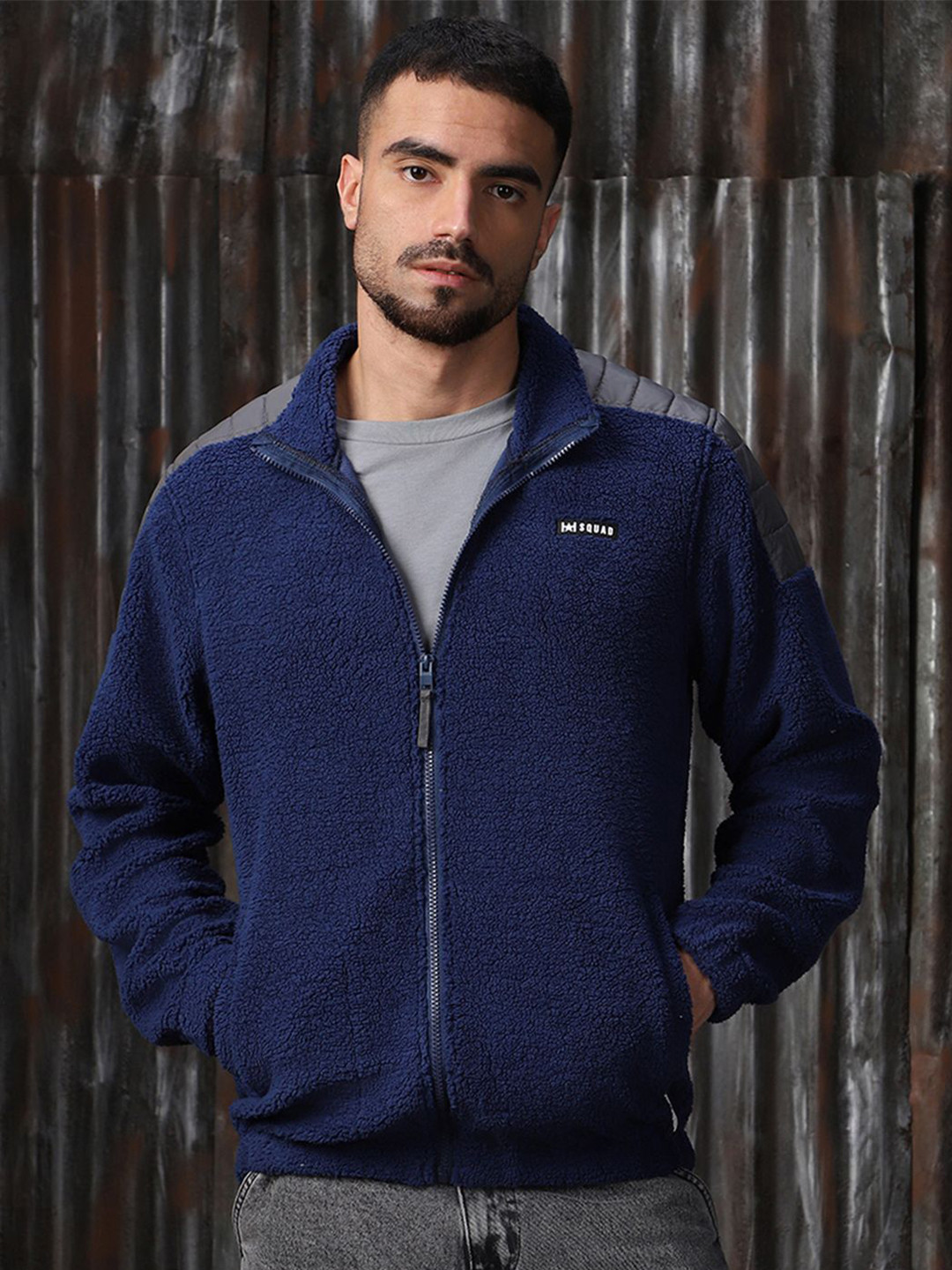 High Star Men Sherpa Relaxed Fit Front Open with shoulder Padding Sweatshirt