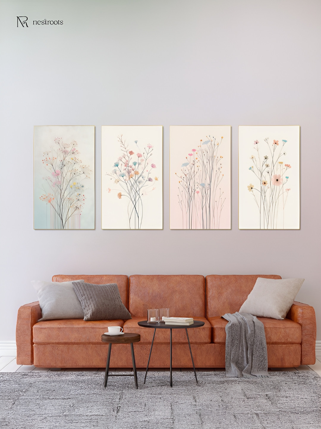 nestroots Floral Symphony Peach & Blue 4 Pieces Floral and Botanical Canvas Wall Art