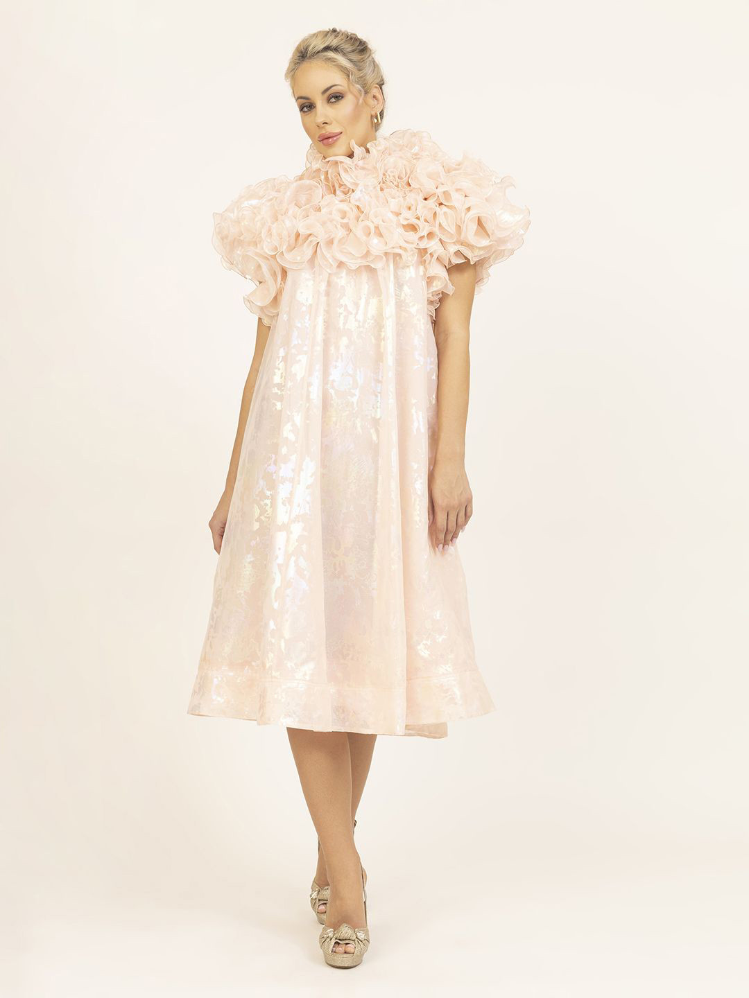 LELA Women Graphic Self Design Puff Sleeve A-Line Dress