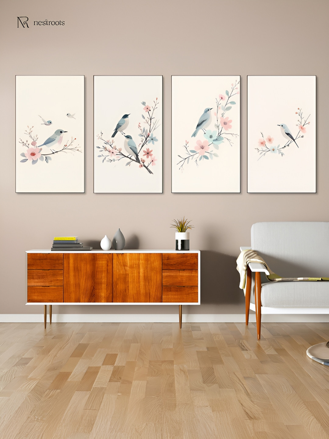 nestroots Beige & Pink 4 Pieces Chirpy Birds Canvas Paintings Wall Arts