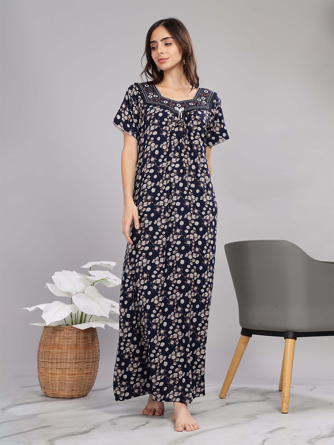 9shines Label Women Printed Square Neck Short Sleeves Maxi Everyday Nightdress