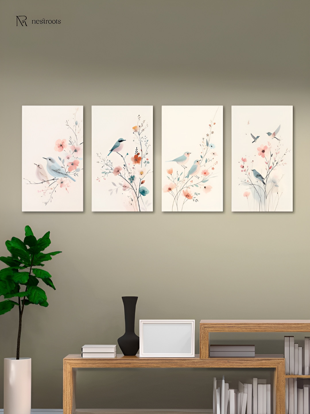 nestroots Chirpy Birds Canvas 4 Pcs Wall Rectangle Paintings Wall Art -24 x 36In