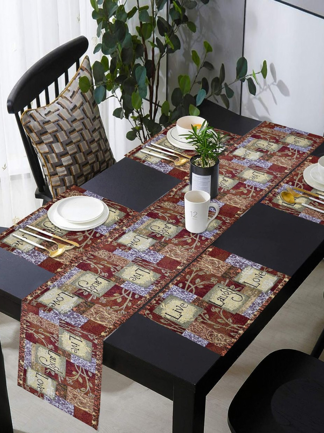 PRAKARTIK Set of 5 Brown & Red Cotton Printed Rectangle Dining Table Mats With Runner