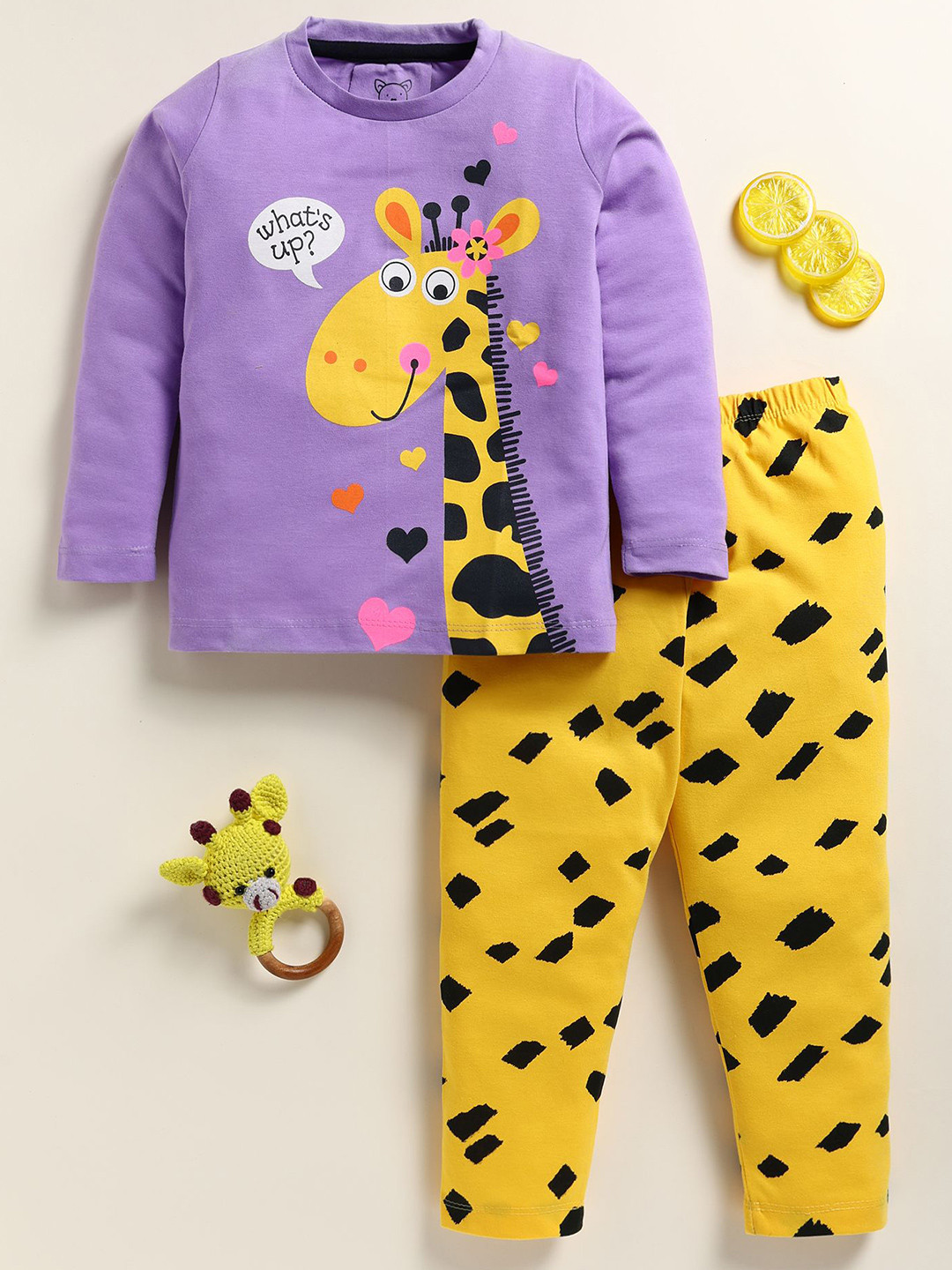 YK Girls Violet Purple & Yellow Giraffe Printed Cotton Knit Long Sleeves Night Suit