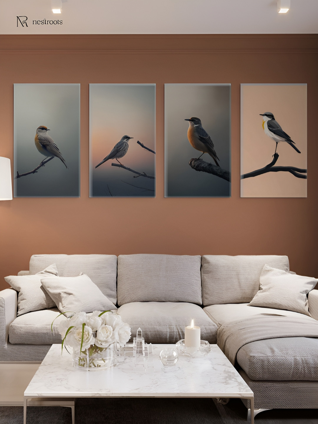 nestroots Grey 4 Pieces Bird Canvas Painting Wall Arts