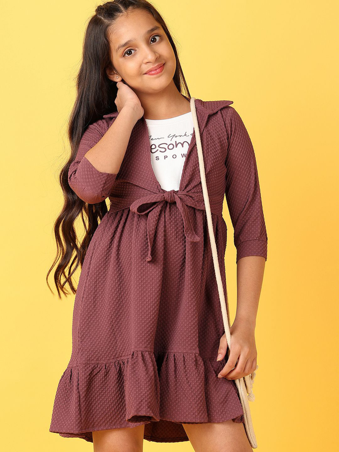 V-Mart Girls Brown Cotton Shirt Collar Regular Sleeves Fit & Flare Dress
