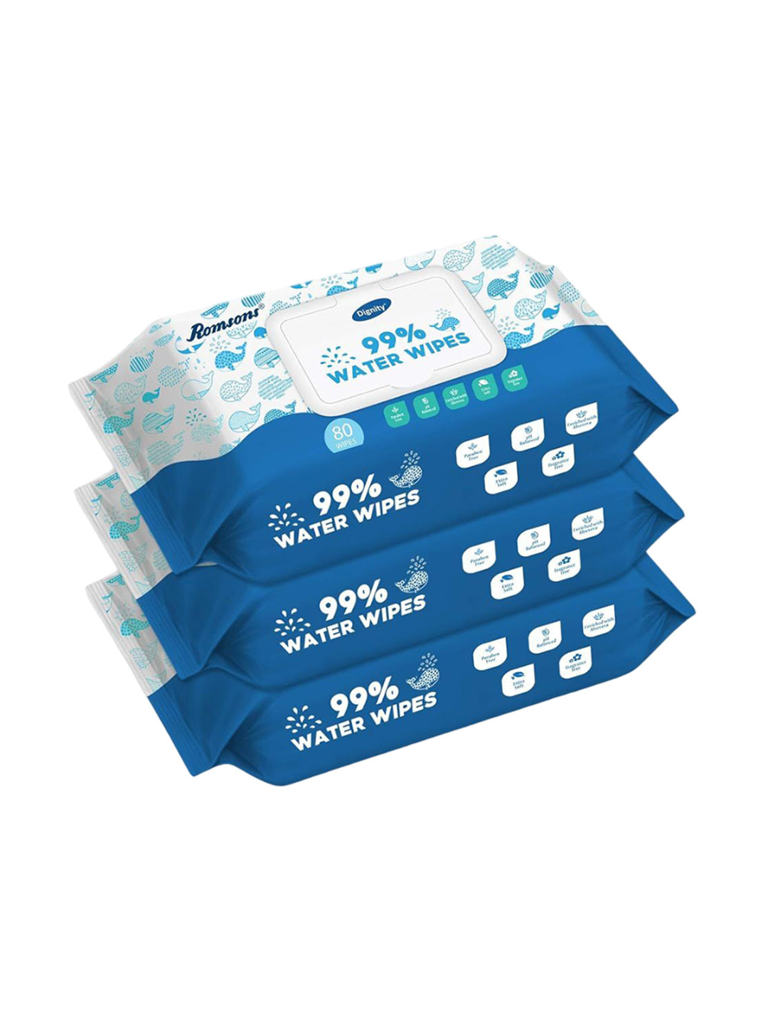 Romsons Dignity Set of 3 99 % Water Extra Soft Baby Wipes- 80 Each