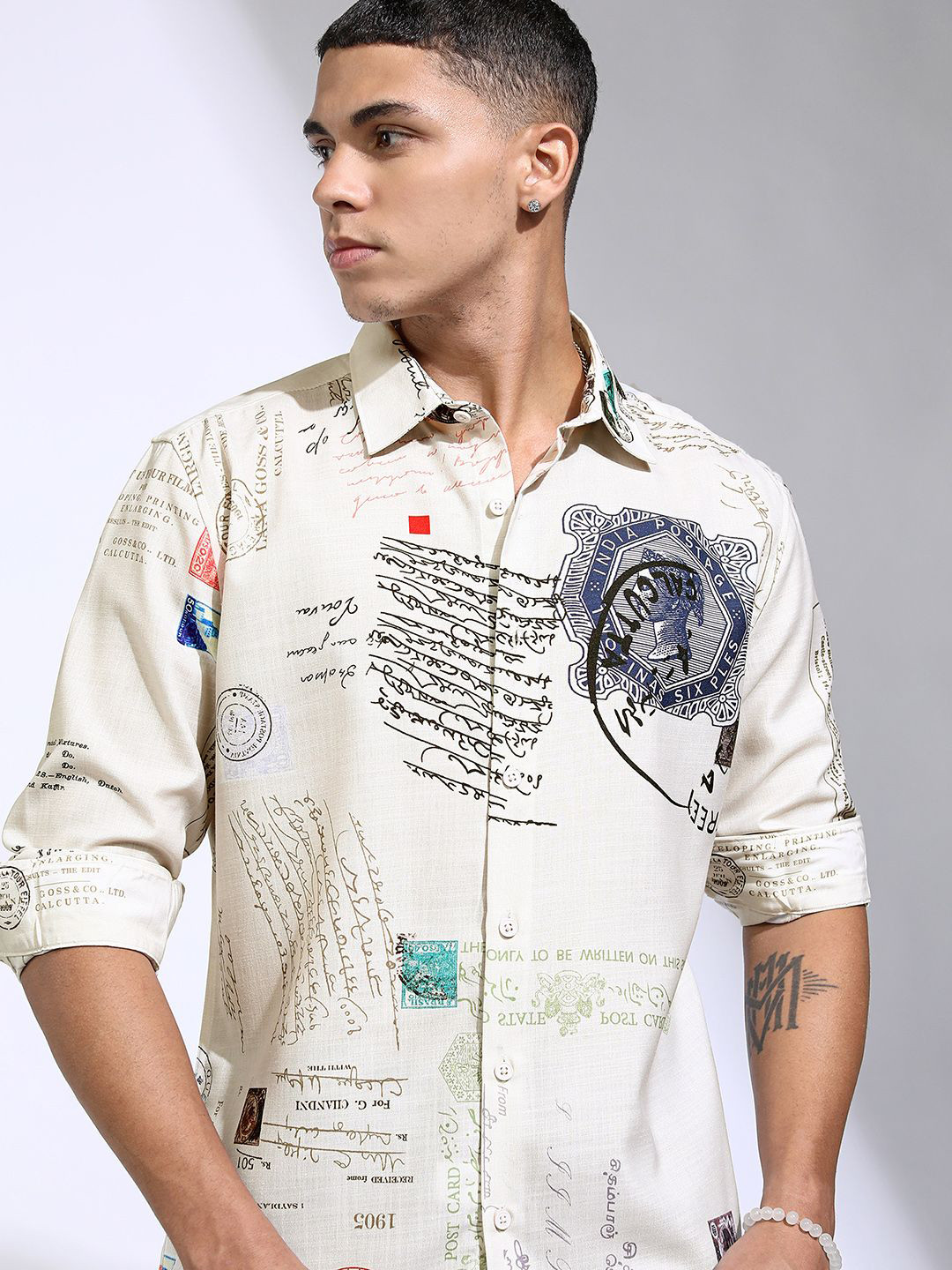 Highlander Men Cream. Printed Relaxed Shirt