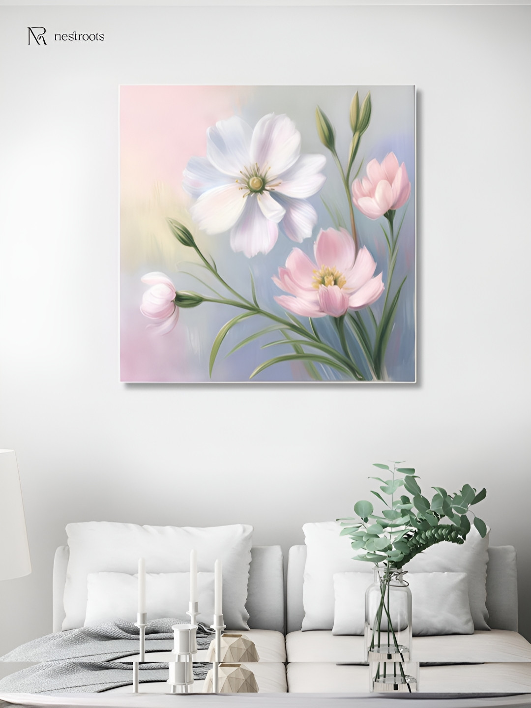 nestroots Grey & Pink Canvas Floral and Botanical Paintings Wall Art