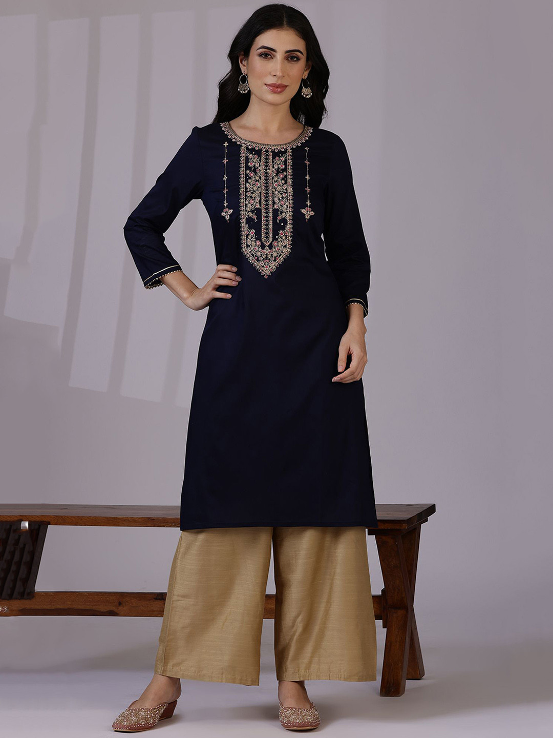 W Burgundy Floral Yoke Design & Embroidered Sequinned Round Neck Straight Kurta