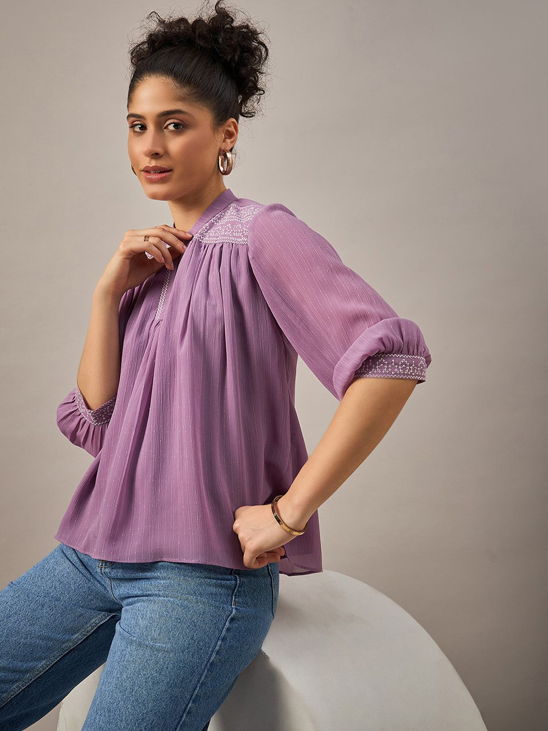 The Roadster Lifestyle Co Women Embroidered Mandarin Collar Tops
